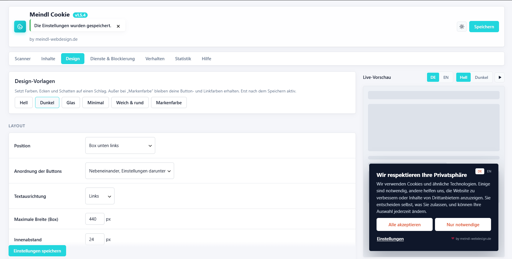 Design-Bereich mit Vorlagen, Layout-Einstellungen und Live-Vorschau des Banners